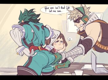 annoyed ass bakudeku bakugou_katsuki blonde_hair boku_no_hero_academia brown_hair computer desk gloves grabbing_another&#039;s_ass green_hair groping hands_on_another&#039;s_ass highres huge_ass indoors laptop mademoiselleknh mask medium_hair meme messy_hair midoriya_izuku sitting spiked_hair standing superhero_costume uraraka_ochako