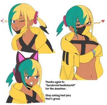 1girl animal_ear_headphones animal_ears aqua_hair bandeau black_mask blonde_hair breasts canari_(pokemon) cat_ear_headphones cat_ears cleavage commentary criss-cross_halter crop_top curly_sidelocks english_commentary english_text fake_animal_ears fake_hair_bun halterneck headphones heart highres jacket large_breasts mask mask_pull mega_ring mega_stone midriff mouth_mask multicolored_hair navel nintendo octavius_(octavius_dp) one_eye_closed pokemon pokemon_legends:_z-a short_twintails simple_background solo split-color_hair stomach strapless streamers tube_top twintails two-tone_hair two-tone_mask white_background yellow_bandeau yellow_jacket yellow_mask yellow_tube_top zipper