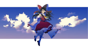 1girl ascot black_shoes blue_background bow brown_eyes chinese_commentary closed_mouth cloud commentary detached_sleeves frilled_bow frilled_hair_tubes frills full_body hair_bow hair_ribbon hair_tubes hakurei_reimu highres long_sleeves looking_at_viewer mary_janes red_bow red_ribbon red_shirt red_skirt ribbon ribbon-trimmed_sleeves ribbon_trim shirt shoes skirt sleeves_past_fingers sleeves_past_wrists solo touhou white_sleeves wide_sleeves yellow_ascot yongyu366