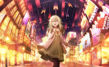 1girl black_pantyhose blurry bokeh building colorful_festival_(project_sekai) colorful_palette depth_of_field dress frilled_jacket frills game_cg glowing green_hair grey_jacket hair_between_eyes highres jacket kusanagi_nene lamppost night night_sky official_art open_clothes open_jacket pantyhose project_sekai purple_eyes sky solo star_(sky) third-party_source