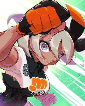 1girl artist_name bea_(pokemon) black_bodysuit blue_eyes bodysuit bodysuit_under_clothes breasts commentary_request dark-skinned_female dark_skin gloves grey_hair h_renah highres large_breasts looking_at_viewer multicolored_gloves nintendo pokemon pokemon_swsh short_hair solo sweat twitter_username two-tone_gloves