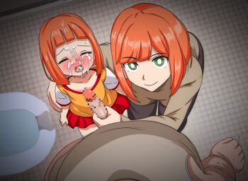 1boy 2girls after_fellatio arm_around_shoulder assisted_facial assisted_rape black_pants blush brown_shirt bukkake censored closed_eyes closed_mouth cum cum_in_mouth cum_on_body daughter_(yoru_mac) erection facial female_collaborator forehead from_below green_eyes handjob hetero hippo_power indoors kneeling loli looking_at_viewer looking_up mature_female mcdonald&#039;s miniskirt mosaic_censoring mother_(yoru_mac) mother_and_daughter multiple_girls open_mouth orange_hair oyakodon_(sex) pants penis pleated_skirt pov pov_crotch red_skirt public_restroom shirt short_hair skirt sleeveless sleeveless_shirt smile teeth toilet upper_teeth_only white_shirt yellow_shirt yoru_mac