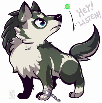 animal_focus blue_eyes closed_mouth crossover cuffs english_text fang full_body issun link nintendo no_humans ookami_(game) shackles simple_background the_legend_of_zelda the_legend_of_zelda:_twilight_princess wolf wolf_link woofzilla