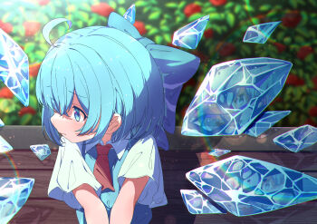 1girl absurdres ahoge ascot bench blue_bow blue_dress blue_eyes blue_hair blurry bow chinese_commentary cirno commentary_request day depth_of_field detached_wings dress hair_bow highres ice ice_wings lens_flare medium_hair on_bench pinafore_dress red_ascot reflection shirt short_sleeves sitting sleeveless sleeveless_dress solo touhou upper_body white_shirt wings yiyi02