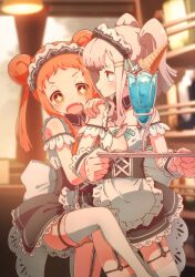 Rule 34 | + +, 2girls, apron, bad id, bad twitter id, black dress, blurry, blurry background, brown eyes, cafe, clinging, commentary request, cowboy shot, curtains, detached collar, double bun, dress, fang, food, frilled apron, frilled dress, frills, hair bun, hair ornament, hairclip, highres, holding, holding tray, hungry, ice cream, ice cream float, indoors, leaning on person, long hair, looking at another, looking back, maid, maid headdress, multiple girls, open mouth, original, panties, pantyshot, profile, ruru ashihara, short bangs, sidelocks, standing, thighhighs, tray, twintails, underwear, waist apron, white apron, white thighhighs, window, wrist cuffs