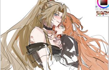 Rule 34 | 2girls, black dress, brown hair, brown hairband, dress, green eyes, hair intakes, hairband, hashtag-only commentary, high ponytail, ishmael (project moon), jingshenhuanghu, limbus company, long hair, mouth hold, multiple girls, off-shoulder dress, off shoulder, orange hair, parted lips, ponytail, project moon, puffy short sleeves, puffy sleeves, ribbon, rodion (project moon), rope, short sleeves, simple background, very long hair, white background, white ribbon, yuri