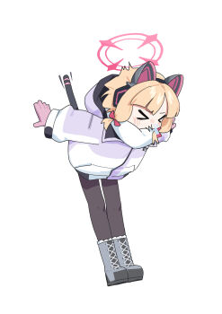 &gt;_&lt; 1girl :d absurdres adon_(dufaladanidu) animal_ear_headphones animal_ear_hood animal_ears black_pantyhose blonde_hair blue_archive blush boots cat_ear_headphones cat_ears cat_tail coat fake_animal_ears fake_tail from_behind gloves grey_boots hair_ribbon halo headphones highres hood hood_down lace-up_boots leaning_forward long_coat long_sleeves momoi_(blue_archive) momoi_(winter)_(blue_archive) official_alternate_costume open_mouth pantyhose pink_gloves red_halo red_ribbon ribbon short_hair sidelocks sleeves_past_wrists smile sneezing snot snow solo tail white_background white_coat winter_clothes