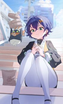 1girl absurdres bangboo_(zenless_zone_zero) belle_(delicate_sunlight)_(zenless_zone_zero) belle_(zenless_zone_zero) black_shirt blue_hair chinese_clothes city commentary day dress dress_over_shirt eating eous_(zenless_zone_zero) food food_on_face from_below green_eyes hair_ornament highres holding holding_food letter_hair_ornament nasol orange_dress outdoors pantyhose shirt short_hair sitting sitting_on_stairs solo stairs steamed_bun white_pantyhose zenless_zone_zero