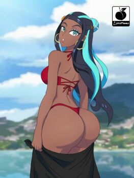 1girl ass bare_shoulders bikini black_hair blue_hair blurry breasts dark-skinned_female dark_skin highres image_sample large_breasts linkartoon looking_at_viewer looking_back nessa_(pokemon) nintendo pokemon pokemon_legends:_arceus pokemon_swsh red_bikini swimsuit thong twitter_sample