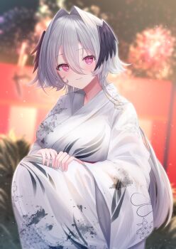 1girl blurry blurry_background blush breasts commission head_wings highres indie_virtual_youtuber japanese_clothes kimono kurage_cc large_breasts pink_eyes richamu skeb_commission smile solo squatting virtual_youtuber white_hair wings yukata
