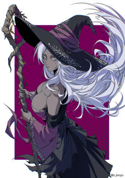 1girl absurdres bare_shoulders black_dress black_hat breasts colored_eyelashes commentary dark-skinned_female dark_skin dress elden_ring elden_ring_nightreign floating_hair from_side green_eyes hat highres holding holding_staff large_breasts long_hair long_sleeves looking_at_viewer looking_to_the_side recluse_(elden_ring) s_jiaogu smile solo staff twitter_username very_dark_skin white_eyelashes white_hair witch_hat