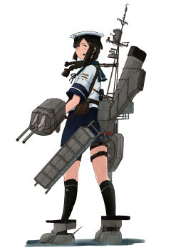 1girl absurdres adapted_turret anchor_symbol bad_id bad_pixiv_id belt black_hair black_legwear blue_sailor_collar blue_skirt braid grey_footwear hair_between_eyes hair_ribbon hat highres isonami_(kancolle) kantai_collection kuragare long_hair machinery pleated_skirt red_ribbon ribbon rigging sailor_collar sailor_hat school_uniform serafuku short_sleeves sidelocks skirt torpedo_launcher twin_braids white_background