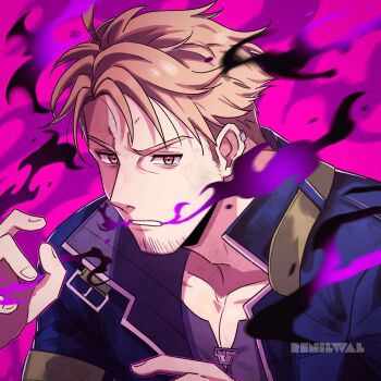 1boy artist_name aura blonde_hair commentary dark_aura facial_hair fire_emblem fire_emblem:_the_blazing_blade goatee_stubble highres lloyd_(fire_emblem) male_focus nintendo parted_lips renilwal short_hair solo stubble upper_body yellow_eyes