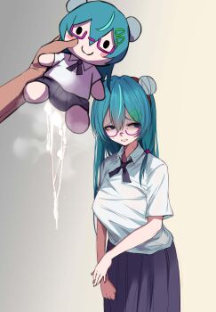 absurdres blue_hair character_doll commentary cum cumdrip doll english_commentary glasses hair_ornament highres indie_virtual_youtuber kuromikii_(vtuber) looking_to_the_side nervous_smile nervous_sweating simple_background smile stuffed_toy sweat uncommon_stimulation virtual_youtuber ye_(pixiv83975537)