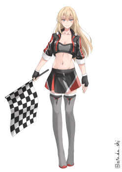 1girl absurdres alternate_costume atodashi bandeau bismarck_(kancolle) black_gloves black_skirt blonde_hair blue_eyes boots breasts checkered_flag cleavage fingerless_gloves flag gloves grey_bandeau hair_between_eyes highres kantai_collection large_breasts long_hair midriff miniskirt multicolored_skirt navel race_queen red_skirt short_sleeves shrug_(clothing) skirt solo thigh_boots
