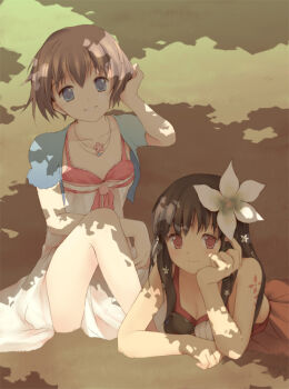 2girls adjusting_hair bad_id bad_pixiv_id bindi blue_eyes breasts brown_hair cleavage dappled_sunlight flower hair_flower hair_ornament head_rest jewelry long_hair lying moai_(aoh) multiple_girls necklace original red_eyes shade short_hair sitting smile sunlight tattoo