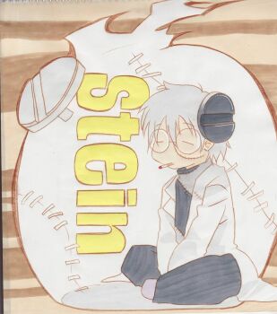 1boy brown_background character_name cigarette closed_eyes coat franken_stein_(soul_eater) lab_coat object_through_head round_eyewear screw_in_head sitting smoking solo soul_eater stitched_face stitches white_coat white_hair yumeututu