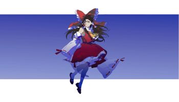 1girl ascot black_shoes blue_background bow brown_eyes chinese_commentary closed_mouth commentary detached_sleeves frilled_bow frilled_hair_tubes frills full_body hair_bow hair_ribbon hair_tubes hakurei_reimu highres long_sleeves looking_at_viewer mary_janes red_bow red_ribbon red_shirt red_skirt ribbon ribbon-trimmed_sleeves ribbon_trim shirt shoes skirt sleeves_past_fingers sleeves_past_wrists solo touhou white_sleeves wide_sleeves yellow_ascot yongyu366