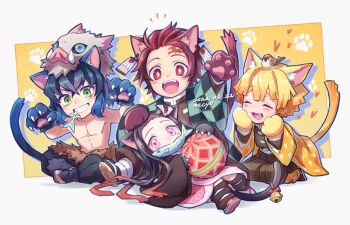 1girl 3boys :d ^_^ agatsuma_zenitsu animal animal_ears animal_hands animal_on_head arm_up artist_name asa_no_ha_(pattern) ball bell bird bird_on_head black_hair black_jacket black_pants black_socks blonde_hair blue_hair blue_outline blunt_bangs blunt_ends blush_stickers boar_mask bright_pupils brown_hair cat_boy cat_ears cat_girl cat_paw cat_paws cat_tail checkered_haori chibi claws closed_eyes colored_tips dated demon_slayer_uniform diamond-shaped_pupils diamond_(shape) dot_nose drop_shadow earrings fang fangs fish_skeleton fish_in_mouth foreground_text forehead forked_eyebrows fur_trim gradient_hair grin hair_ribbon hakama hakama_pants hanafuda_earrings hand_on_another's_head hands_on_own_face hands_up haori happy hashibira_inosuke heart highres holding holding_ball indian_style jacket japanese_clothes jewelry jingle_bell kamado_nezuko kamado_tanjirou kemonomimi_mode kimetsu_no_yaiba kimono lap_pillow long_hair long_sleeves looking_at_viewer lying mask mask_on_head mecyo_(mamezurushiki) mouth_hold multicolored_hair multiple_boys notice_lines on_back on_head open_hand open_mouth orange_hair outline paneled_background pants paw_pose paw_print paw_print_background paw_print_soles pink_eyes pink_kimono pink_ribbon pleated_pants raised_eyebrows red_eyes red_hair red_ribbon ribbon sandals scar scar_on_face scar_on_forehead seiza shoe_soles short_hair sidelocks sitting smile socks sparrow symbol-shaped_pupils tail tail_bell tail_ornament temari_ball topless_male triangle_print two-tone_hair v-shaped_eyebrows white_background white_outline white_pupils white_socks wide_sleeves yellow_background zouri