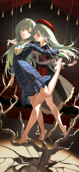2girls absurdres bang_dream! bang_dream!_it&#039;s_mygo!!!!! barefoot beret black_pantyhose chuck_(harfmoondark) crack cracked_floor dress dual_persona earrings en_pointe eye_contact green_hair hat highres holding_another&#039;s_hair indoors jewelry leg_up long_hair looking_at_another mortis_(bang_dream!) mortis_(costume)_(bang_dream!) mortis_(persona)_(bang_dream!) multiple_girls no_shoes pantyhose plaid_clothes plaid_dress puppet_strings red_hat smile stage standing standing_on_one_leg tiptoes tree wakaba_mutsumi yellow_eyes