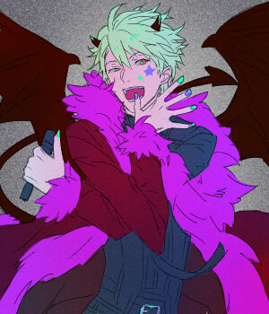 10s 1boy ;) alternate_costume blonde_hair demon_horns demon_tail demon_wings egawa_satsuki fur_trim horns idolmaster idolmaster_side-m looking_at_viewer maita_rui male_focus nail_polish one_eye_closed open_mouth smile solo star_(symbol) static tail wings