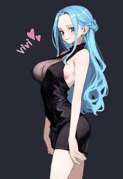 1girl absurdres alternate_costume black_background black_dress blue_hair breasts character_name closed_mouth commentary dress earrings english_commentary grey_eyes heart highres hoop_earrings jewelry kasumi_6 large_breasts long_hair looking_at_viewer nefertari_vivi one_piece sidelocks simple_background smile solo standing wavy_hair
