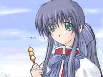 1girl ? blue_hair bow cloud dango eating food grave731 green_eyes hair_bow kanon kawasumi_mai long_hair lowres mitarashi_dango oekaki ponytail school_uniform shawl sky solo wagashi