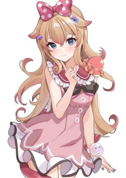 1girl animal animal_on_shoulder blonde_hair blue_eyes bow etoria finger_to_own_chin highres chromashift looking_at_viewer momo_otako red_bow sleeveless squid virtual_youtuber