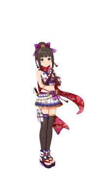 1girl brown_hair fingerless_gloves full_body gloves green_eyes hamaguchi_ayame idol_clothes idolmaster idolmaster_cinderella_girls idolmaster_cinderella_girls_starlight_stage navel official_art sandals scarf skirt smile solo stirrup_legwear toeless_legwear toes transparent_background weapon