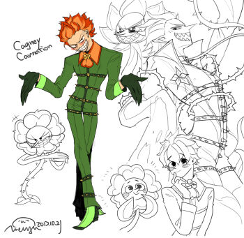 Rule 34 | 2017, 2boys, :d, absurdres, amy7996659, ankle boots, artist name, black eyes, boots, cagney carnation, character name, chinese commentary, collared jumpsuit, commentary, commentary request, contrapposto, contrast collar, crossed legs, cuphead (game), dated, dual persona, english commentary, fewer digits, flower boy, full body, gloves, green boots, green gloves, green jumpsuit, grin, hair behind ear, hair slicked back, hands up, head tilt, highres, humanization, jumpsuit, long sleeves, looking at viewer, male focus, mixed-language commentary, multiple boys, multiple views, open mouth, orange hair, short hair, simple background, smile, standing, thorns, v-shaped eyebrows, very short hair, white background