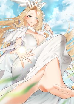 1girl afk_(series) afk_arena ass barefoot belinda_(unlight) blonde_hair blurry blurry_foreground breasts cleavage cloud detached_collar dress falling_leaves feet feet_out_of_frame foot_focus forehead foreshortening from_below full_body gem glowing gold_trim grass green_eyes highres holding holding_staff knees_up large_breasts leaf long_hair mole mole_under_eye no_shoes outstretched_hand parted_bangs parted_lips shine sino42 sky solo staff teeth thighs toes white_dress wrist_cuffs