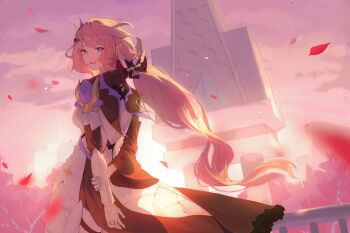 1girl absurdres arms_behind_back breasts cape commentary_request elf elysia_(honkai_impact) elysia_(miss_pink_elf)_(honkai_impact) falling_leaves from_side hair_ornament highres honkai_(series) honkai_impact_3rd korean_commentary leaf long_hair looking_at_viewer ohh_sehh parted_lips pink_hair pink_sky pointy_ears revision sky solo warm_colored