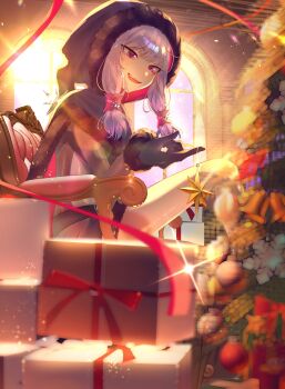 1girl absurdres agria_(black_santa)_(tales) agria_(tales) belt black_cloak blunt_bangs bodystocking cape christmas christmas_ornaments christmas_tree cloak clothing_cutout commission freckles fur-trimmed_cloak fur-trimmed_gloves fur-trimmed_hood fur_trim gift gloves hair_rings hat_ornament highres hood hooded_cloak indoors long_hair looking_at_viewer low-tied_sidelocks moeg_1 official_alternate_costume purple_eyes sidelocks sitting smile solo star_(symbol) star_hat_ornament sunlight tales_of_(series) tales_of_the_rays tales_of_xillia thigh_cutout white_hair window