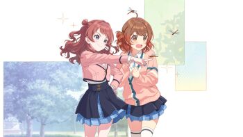 2girls ahoge blue_eyes brown_eyes brown_hair bug buttons cardigan collared_shirt dragonfly gakuen_idolmaster game_cg grass hanami_saki hanami_ume high-waist_skirt highres idolmaster insect jacket lamppost layered_skirt multicolored_hair multiple_girls neck_ribbon official_art open_mouth pointing red_hair ribbon shirt skirt smile sparkle thighhighs tree white_thighhighs