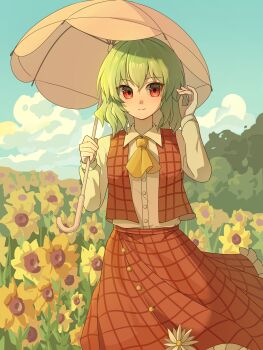 Rule 34 | 1girl, absurdres, ascot, blue sky, chinese commentary, closed mouth, cloud, collared shirt, commentary request, day, field, flower, flower field, green hair, highres, holding, holding umbrella, kazami yuuka, long sleeves, looking at viewer, medium hair, ning zhi ju, open clothes, open vest, pink umbrella, plaid clothes, plaid skirt, plaid vest, red eyes, red vest, shirt, skirt, skirt set, sky, smile, solo, sunflower, touhou, umbrella, vest, white shirt, yellow ascot, yellow flower