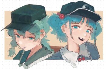 2girls 4qw5 aqua_eyes beads blue_eyes blue_hair blue_shirt blunt_bangs collar frilled_collar frills green_hair green_hat green_shirt hair_beads hair_ornament hat highres kawashiro_nitori low_side_ponytail medium_hair multiple_girls newsboy_cap open_mouth portrait sharp_teeth shirt sidelocks teeth touhou twintails white_collar white_trim yamashiro_takane