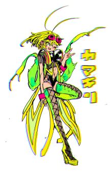 1boy :d androgynous arthropod_girl boots bulge chromatic_aberration extra_arms green_eyes green_hair green_theme green_thighhighs hand_up headphones headphones_around_neck high_heel_boots high_heels highres invisible_wall knee_up leaning_back looking_at_viewer male_focus mantis midriff monster_boy navel one_eye_closed open_mouth original praying_mantis shima_(wansyon144) smile solo thighhighs v