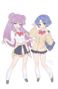 2girls absurdres bag black_hair black_skirt blue_hair bow bowtie brown_cardigan cardigan cardigan_around_waist character_request closed_mouth clothes_around_waist collared_shirt copyright_request dot_mouth dot_nose double_bun double_v full_body gyaru hair_bobbles hair_bun hair_ornament hands_up highres kogal legs_apart long_hair looking_at_viewer low-tied_sidelocks miniskirt multiple_girls open_mouth plaid_bow plaid_bowtie plaid_clothes pleated_skirt purple_hair ranma_1/2 red_bow red_bowtie school_bag school_uniform seoji shampoo_(ranma_1/2) shirt short_hair short_sleeves shoulder_bag sidelocks simple_background skirt smile socks standing tendou_akane v very_long_hair white_background white_shirt white_socks wing_collar
