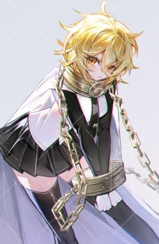 1girl black_necktie black_skirt black_sleeves black_thighhighs blonde_hair breasts cape chain collared_shirt don_quixote_(project_moon) ellen6468 hashtag-only_commentary highres index_(identity)_(project_moon) leaning_forward limbus_company long_sleeves looking_at_viewer medium_breasts messy_hair miniskirt necktie orange_eyes project_moon shirt short_hair skirt solo thighhighs white_cape white_shirt zettai_ryouiki