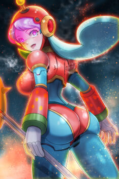 1girl absurdres armor ass belladonna_(mega_man) blue_hair cowboy_shot from_behind helmet highres kiwakiwa looking_at_viewer looking_back mega_man_(series) mega_man_x:_command_mission mega_man_x_(series) purple_eyes red_armor red_helmet solo