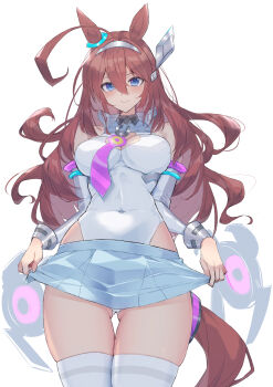 1girl absurdres ahoge animal_ears bare_shoulders blue_eyes blush breasts brown_hair closed_mouth commentary_request covered_navel cowboy_shot detached_sleeves ear_ornament gluteal_fold grey_leotard grey_skirt grey_sleeves hair_between_eyes hairband highleg highleg_leotard highres horse_ears horse_girl horse_tail huge_ahoge impossible_clothes impossible_leotard large_breasts leotard long_hair looking_at_viewer metal_hairband mihono_bourbon_(mb-19890425)_(umamusume) mihono_bourbon_(umamusume) miniskirt necktie pink_necktie pleated_skirt rigging simple_background skirt skirt_hold smile solo tail taut_clothes thighhighs thighs umamusume very_long_hair white_background white_thighhighs yuuri_(sinjitu-no-yukue)