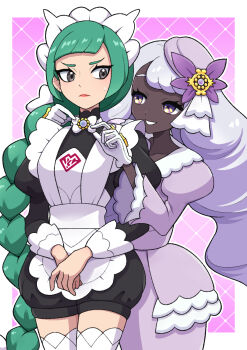 2girls apron brown_eyes collarbone commentary_request dark-skinned_female dark_skin dress gloves green_eyes hair_ornament hat highres jacinthe_(pokemon) lebanne_(pokemon) long_hair looking_at_another maid maid_apron maid_headdress multiple_girls nintendo pokemon pokemon_legends:_z-a purple_dress purple_eyes purple_hair smile standing teeth thighhighs very_dark_skin white_gloves white_thighhighs yellow_eyes yuu_(jgvj7873)