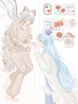 2girls absurdres air_bubble alternate_costume barefoot blue_dress blue_hair blue_hat bow bubble bug butterfly chinese_commentary clock closed_mouth collar collarbone collared_shirt commentary_request cuckoo_clock detached_collar dress expressionless feet_out_of_frame flower frilled_bow frills from_side fujiwara_no_mokou full_body grey_hair hair_bow half-closed_eyes hat highres insect kamishirasawa_keine lab_coat lapels light_blush long_hair long_sleeves miaoliang01075 mini_hat multi-tied_hair multiple_girls multiple_hair_bows ofuda_on_arm pants paper parted_lips picture_frame pleated_dress pointy_nose red_eyes red_pants red_shirt ribbon-trimmed_bow ribbon_trim sad shirt sleeve_cuffs sticky_note striped_clothes striped_pants striped_shirt submerged toes touhou tube two-tone_pants two-tone_shirt vertical-striped_clothes vertical-striped_pants vertical-striped_shirt very_long_hair white_background white_bow white_collar white_pants white_shirt wire yuri