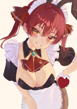 1girl absurdres alternate_costume animal_ears apron ascot black_collar bow breasts cleavage collar commentary detached_collar dot_nose enmaided fake_animal_ears fanged_bangs fishnet_pantyhose fishnets frilled_apron frills from_below grin hair_intakes hair_ribbon hand_on_own_hip head_tilt heterochromia highres hololive houshou_marine large_breasts leaning_forward looking_at_viewer maid maid_apron maid_headdress pantyhose playboy_bunny puffy_short_sleeves puffy_sleeves rabbit_ears red_ascot red_bow red_eyes red_hair ribbon short_sleeves simple_background smile solo stedella_qwq twintails undersized_breast_cup virtual_youtuber waist_apron white_apron white_background white_wrist_cuffs wrist_cuffs yellow_eyes