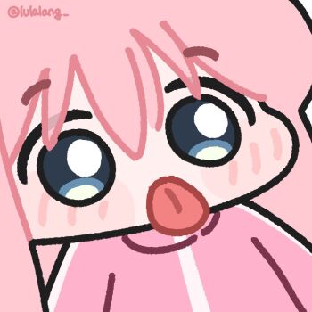 1girl blue_eyes blush bocchi_the_rock! chibi chibi_only commentary gotoh_hitori highres jacket long_hair looking_at_viewer lulalang one_side_up pink_hair pink_jacket simple_background solo tongue tongue_out upper_body white_background