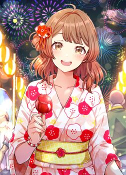 1girl absurdres aerial_fireworks ahoge bead_bracelet beads blush bracelet breasts brown_eyes brown_hair candy_apple collarbone commentary dot_nose fireworks floral_print floral_print_kimono flower food gakuen_idolmaster gradient_hair hair_bun hair_flower hair_ornament hanami_ume hand_up highres holding holding_candy_apple holding_food idolmaster japanese_clothes jewelry kimono lantern lens_flare looking_at_viewer medium_breasts medium_hair multicolored_hair night night_sky obi obijime open_mouth outdoors paper_lantern people pink_kimono popon_ta print_kimono sash sidelocks single_side_bun sky smile solo_focus summer_festival swept_bangs teeth three-quarter_sleeves upper_body upper_teeth_only yellow_sash yukata