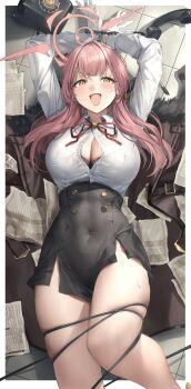 1girl :d accident antique_phone arms_up aru_(blue_archive) bare_legs belt belt_buckle black_belt black_bra black_fur black_skirt blue_archive blunt_bangs blush border bound bound_legs bound_thighs bound_wrists bra breasts brown_coat brown_horns buckle button_gap buttons cleavage coat collared_shirt commentary corded_phone covered_groin covered_navel cowboy_shot curvy demon_girl demon_horns dot_nose double-parted_bangs dress_shirt embarrassed eyebrows_hidden_by_hair foot_out_of_frame formal_clothes fur-trimmed_coat fur_trim gloves gold_buckle gold_buttons gold_horns hair_over_shoulder halo high-waist_skirt highres hiyashi_mirano horns indoors knee_up large_breasts long_coat long_hair long_sidelocks long_sleeves looking_at_viewer low_horns lying multicolored_horns multiple_belts neck_ribbon nervous_smile nervous_sweating nose office_lady on_back on_floor open_mouth outside_border pale_skin papers partially_unbuttoned pen pencil_skirt phone pink_hair pink_halo red_coat red_ribbon ribbon rotary_phone shirt shirt_tucked_in side_slit sidelocks sidelocks_tied_back skindentation skirt smile solo straight_hair sweat sweatdrop thick_thighs thighs two-tone_horns underwear v-shaped_eyebrows white_border white_gloves white_shirt wire yellow_eyes