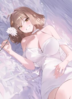Rule 34 | 1girl, absurdres, alternate costume, anis (nikke), bllus, breasts, brown eyes, brown hair, choker, cleavage, collarbone, dress, flower, goddess of victory: nikke, highres, holding, holding flower, large breasts, looking at viewer, lying, medium hair, on side, smile, solo, sundress, white choker, white dress, white flower