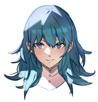 1girl bikini_boody blue_eyes blue_hair closed_mouth commentary cropped_head english_commentary female_byleth_(fire_emblem) fire_emblem fire_emblem:_three_houses hair_between_eyes long_hair looking_at_viewer nintendo simple_background smile solo white_background