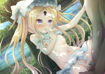 1boy 1girl :p abigail_williams_(fate) abigail_williams_(swimsuit_foreigner)_(fate) absurdres bikini bikini_bottom_aside blonde_hair blue_eyes blush bonnet bow bow_bikini branch censored clitoris clothing_aside cum cum_in_pussy cum_overflow dappled_sunlight dark-skinned_male dark_skin dot_nose facial_mark fate/grand_order fate_(series) female_focus finger_to_mouth flat_chest forehead forehead_mark frilled_bikini frills hand_on_another&#039;s_shoulder happy_sex heart heart-shaped_pupils held_up hetero highres keyhole lake loli long_hair looking_at_another mosaic_censoring nature navel nyxerebos outdoors parted_bangs sex shushing sky smile solo_focus spread_legs stomach sunlight suspended_congress swimsuit symbol-shaped_pupils tearing_up thigh_grab thighs tongue tongue_out tree tree_shade vaginal very_long_hair water white_bikini white_bow